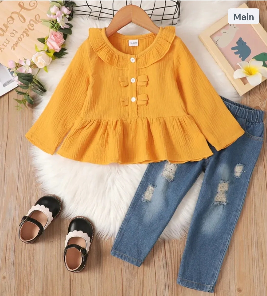 Yellow Peplum Top with Distressed Jeans Set