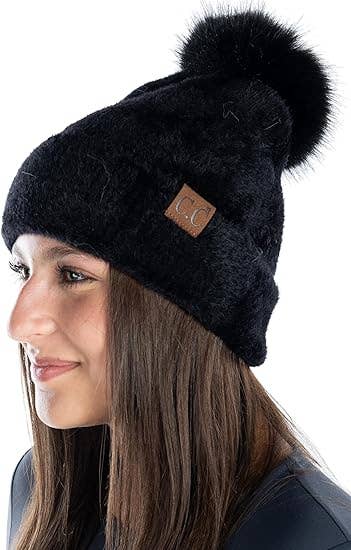 Chenille Pom Beanie - Black