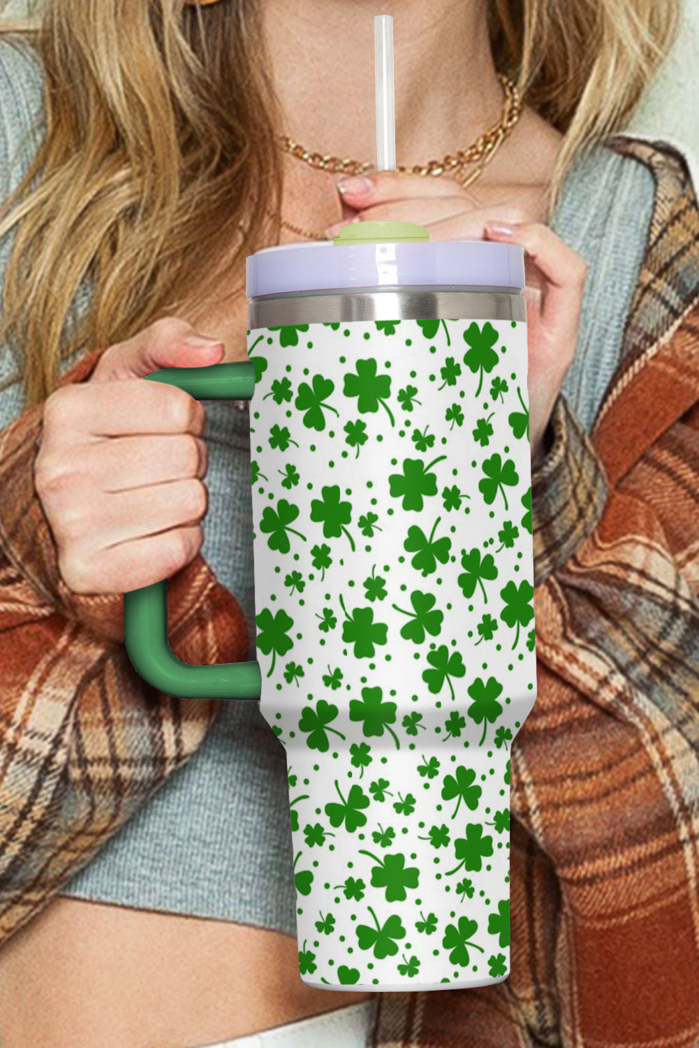 Dark Green Clover Print Thermos Cup with Handle 1200ml