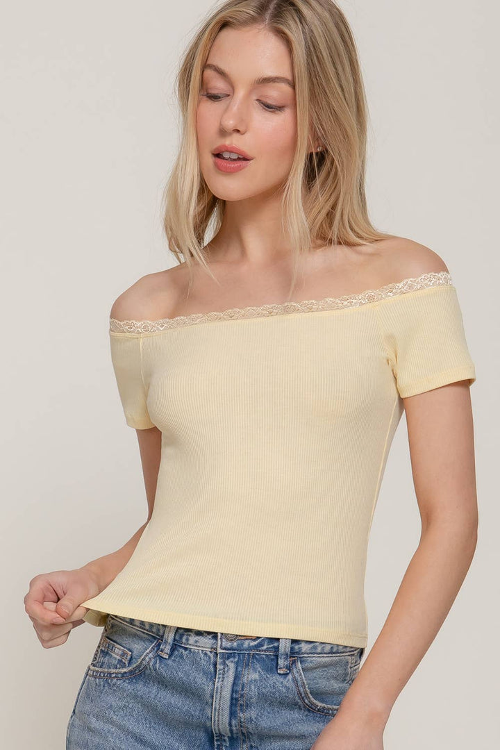 Short Sleeve Off The Shoulder with Lace Trim Knit Top