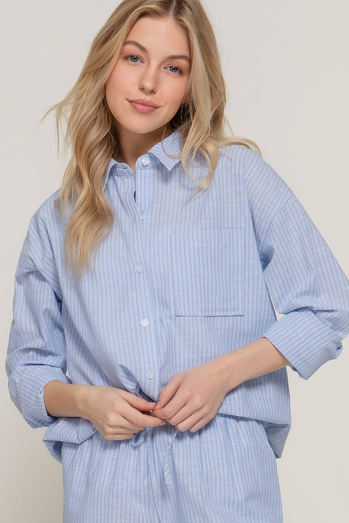 Long Sleeve Button Down Y/D Stripe Gauze Shirt