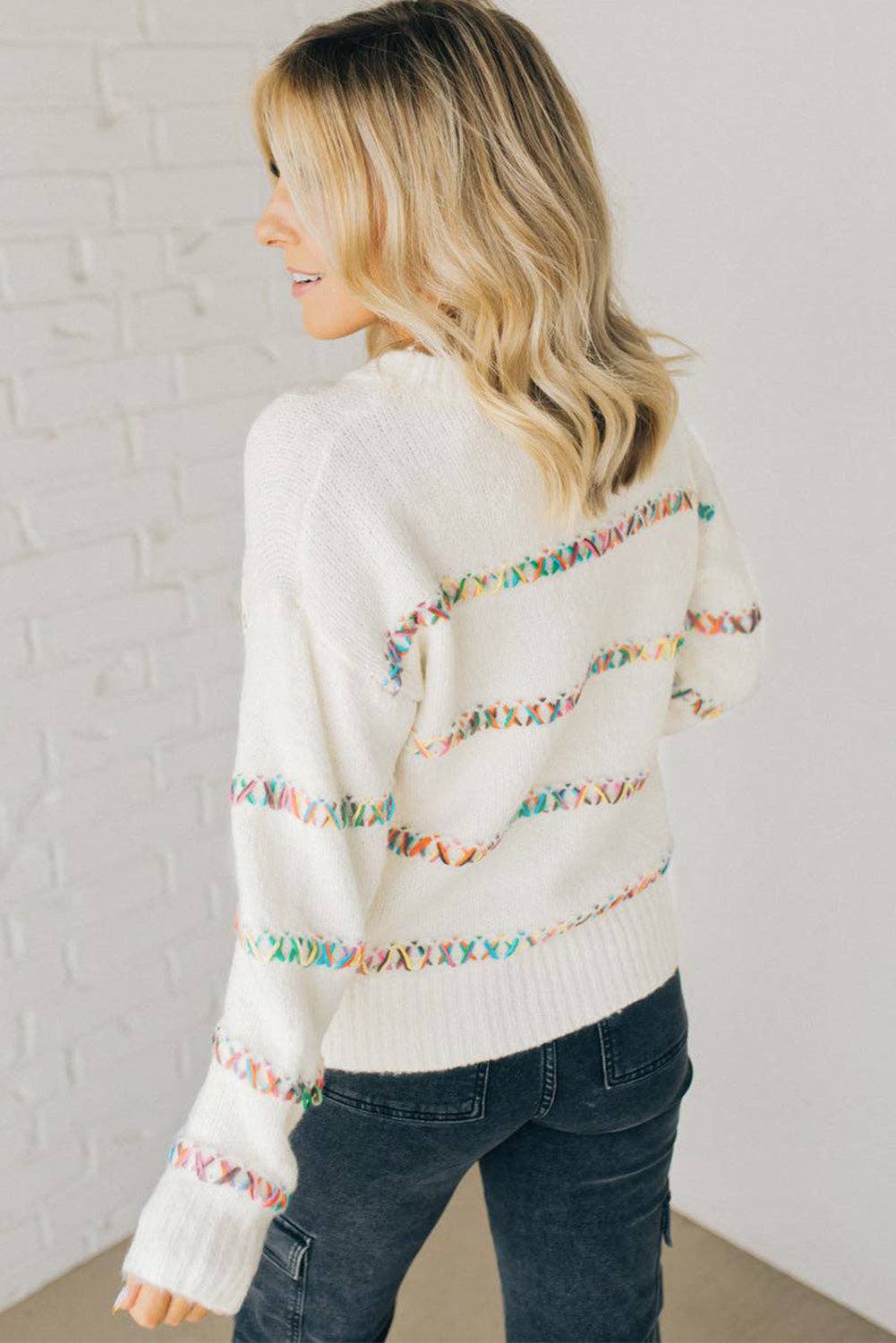 White Colorful Crossed Stitch Drop Shoulder Sweater