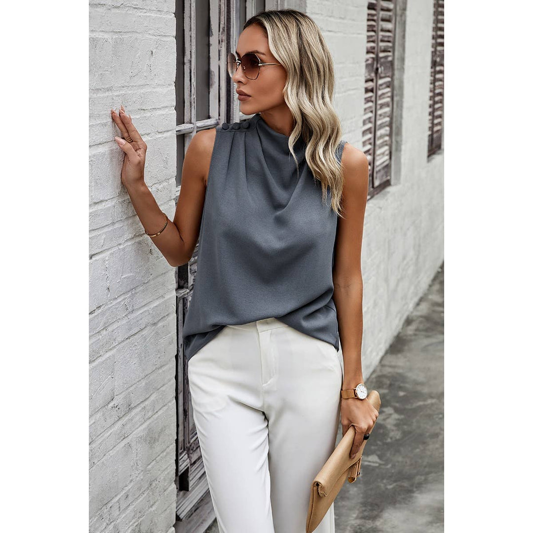 Button Trim Layered Collar Sleeveless Blouse