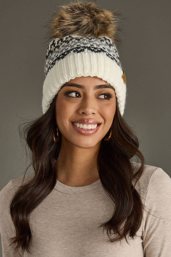 Ivory, Gray & Tan  Pom Hat