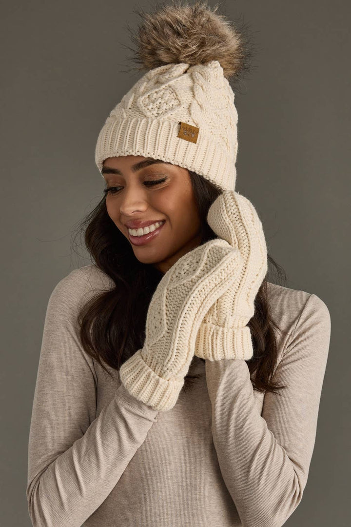 Beige Cable Knit Pom Hat