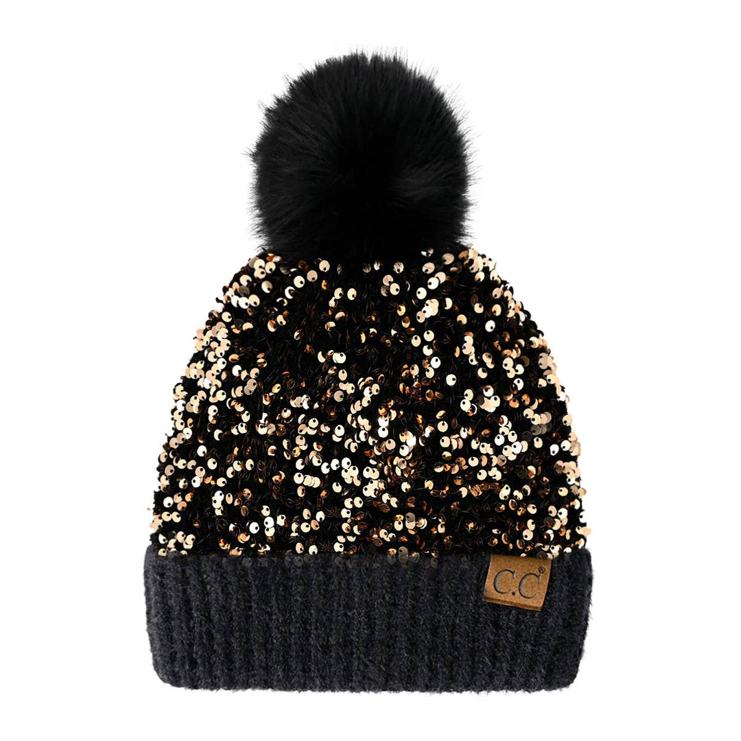 Sequin Pom Beanie Black/Gold
