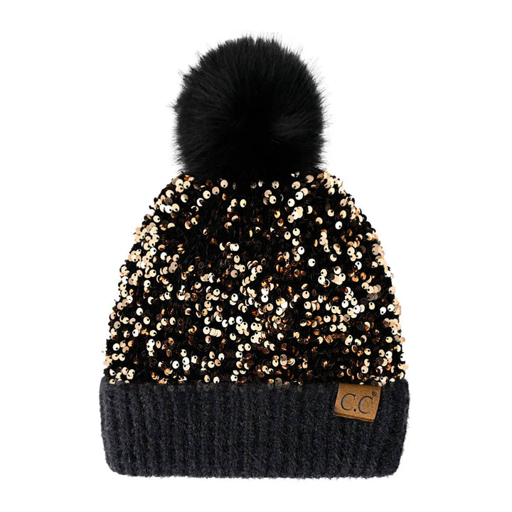 Sequin Pom Beanie Black/Gold