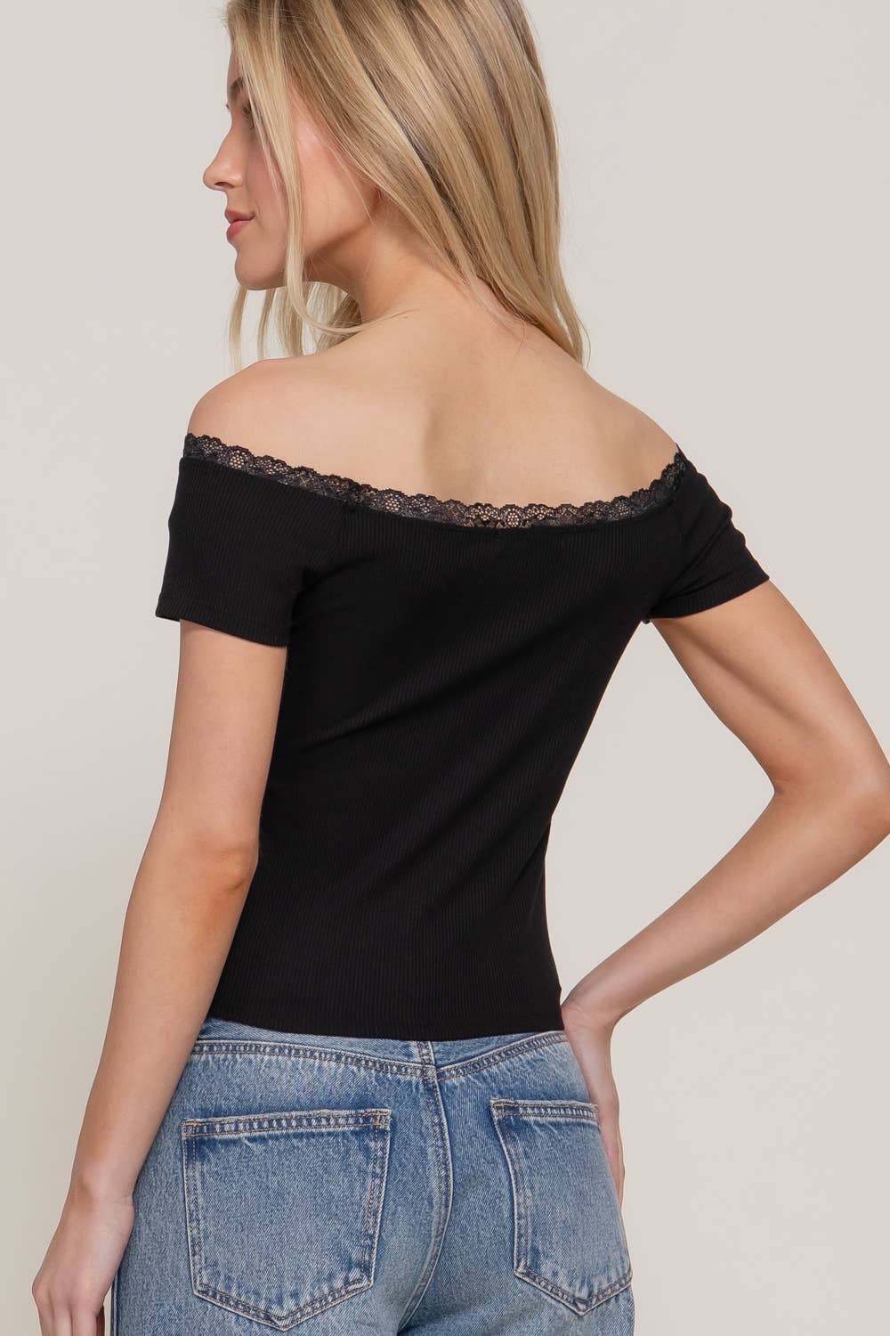 Short Sleeve Off The Shoulder with Lace Trim Knit Top