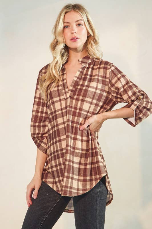 Button Sleeve Plaid Top