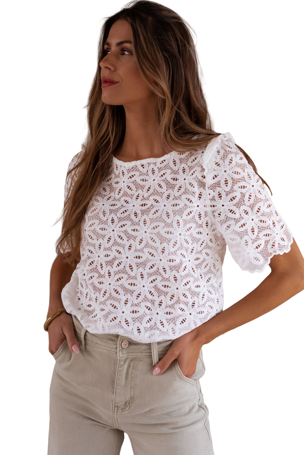 White Elegant Flower Embroidery Hollowed Blouse