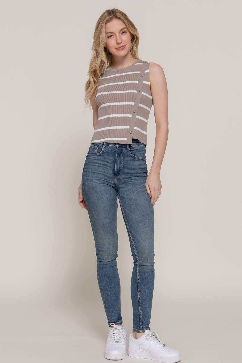 Sleeveless Diagonal Shape Placket Stripe Spring Sweater