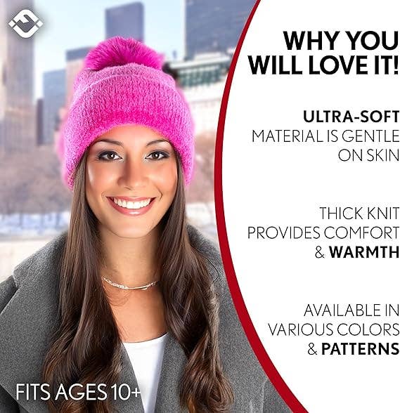 Chenille Pom Beanie Hot Pink