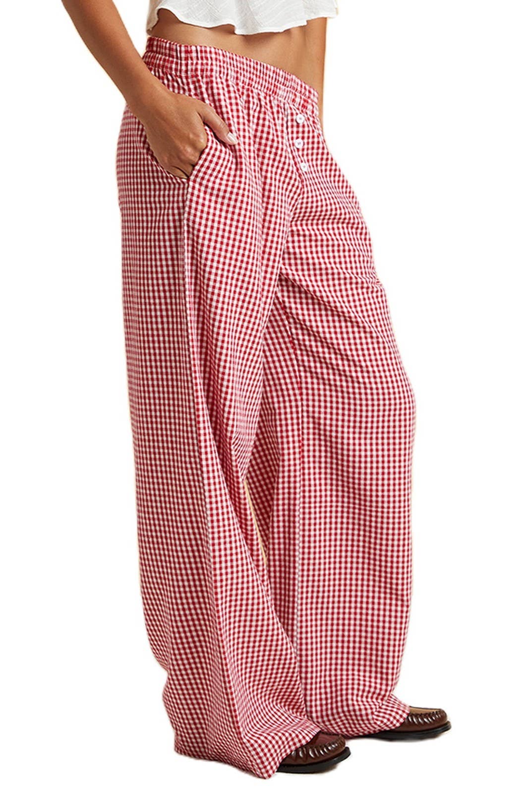 patchwork gingham wide leg pants