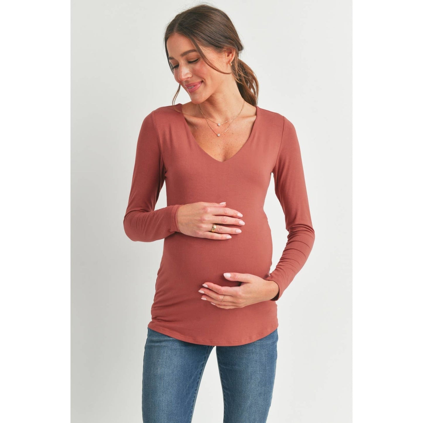 V-Neck Long Sleeve Maternity Fitted Modal Top