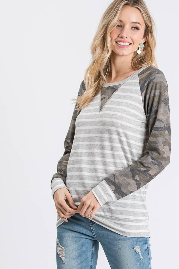Stripe Camo Print Raglan Top