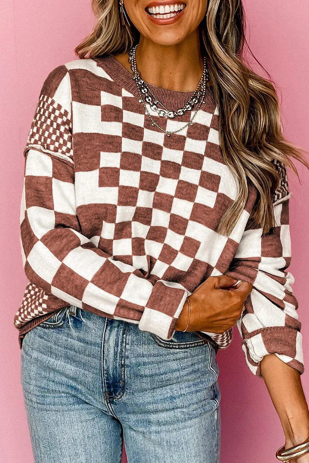 Khaki Checkered Print Drop Shoulder Round Neck Sweater