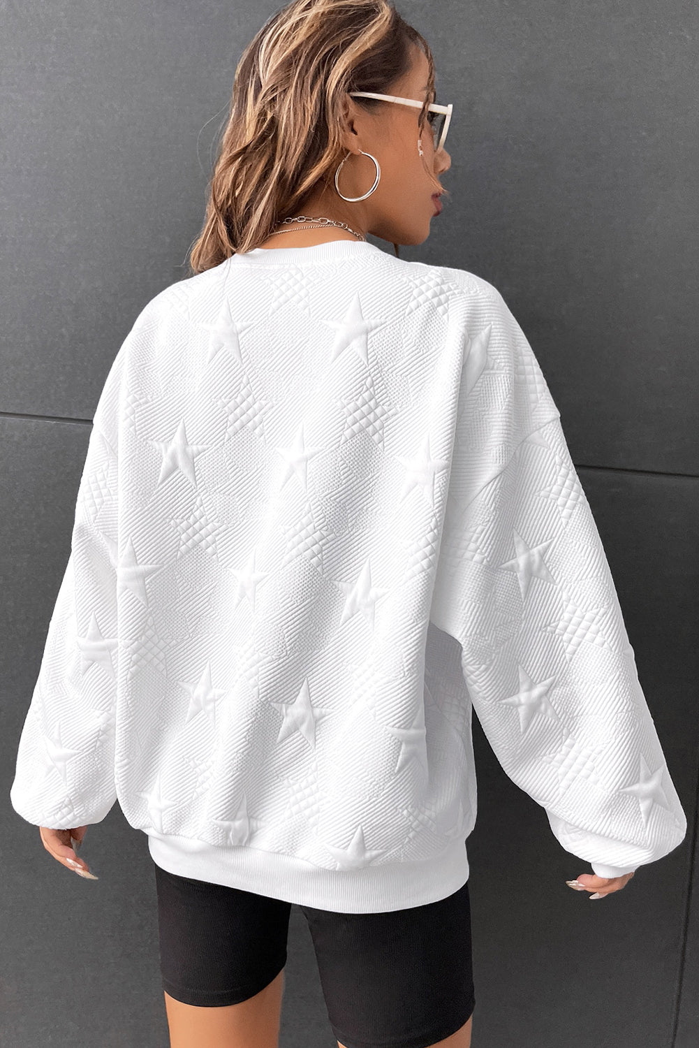 White Star Embossed Textured Drop Shoulder Sweatshirt