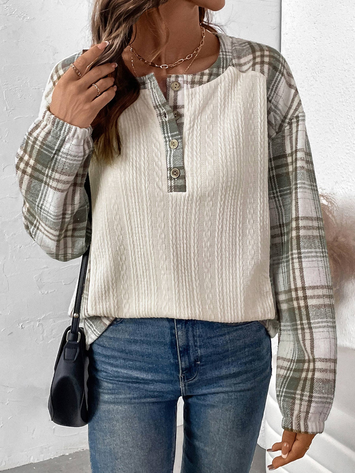 Checkered Patchwork Long Sleeved Top