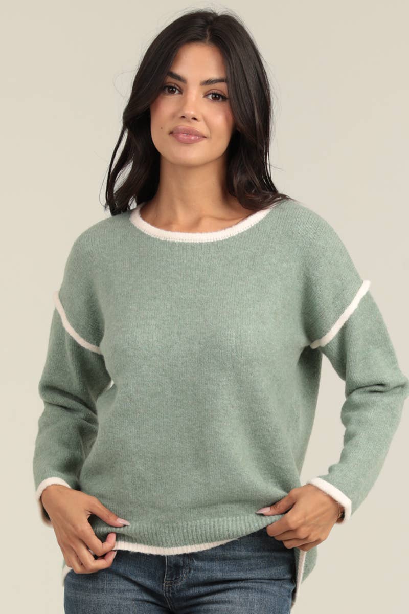 CONTRAST SEAMS HI LO PULLOVER SWEATER