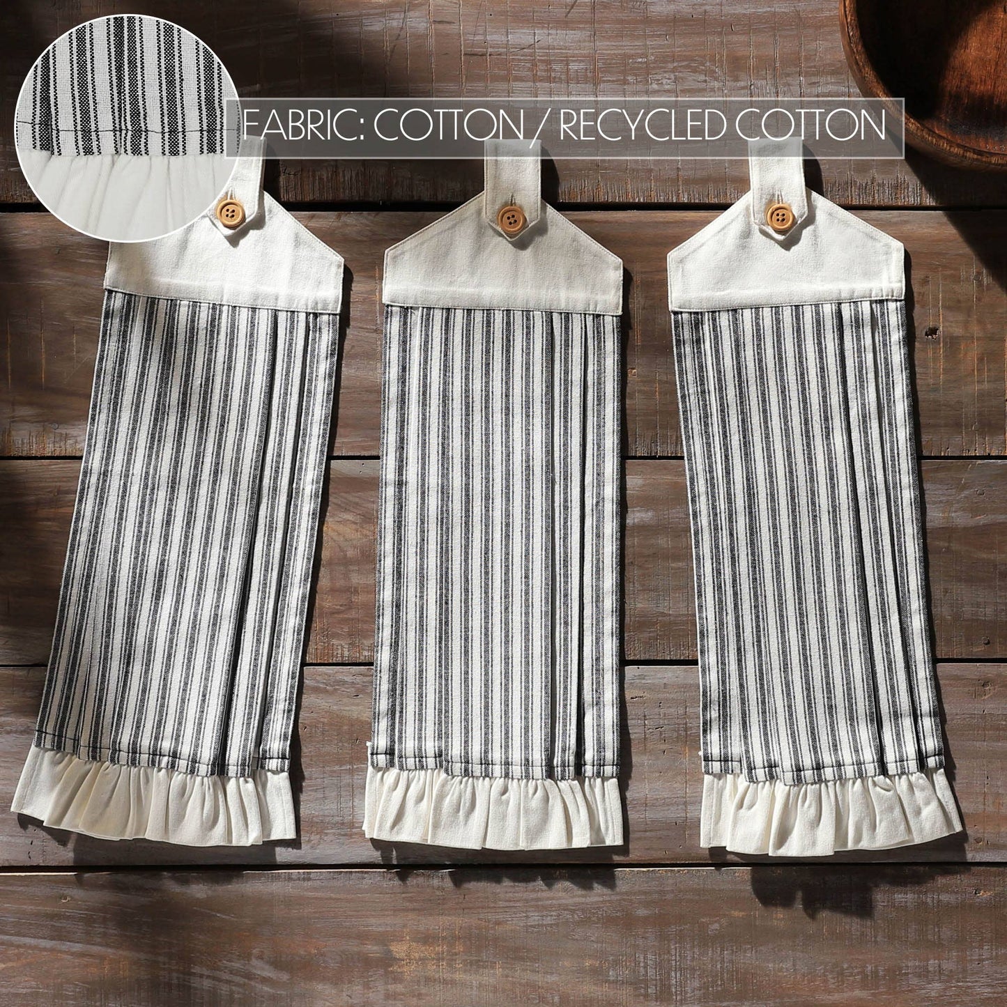 Sawyer Mill Black Ticking Stripe Button Loop Tea Towel