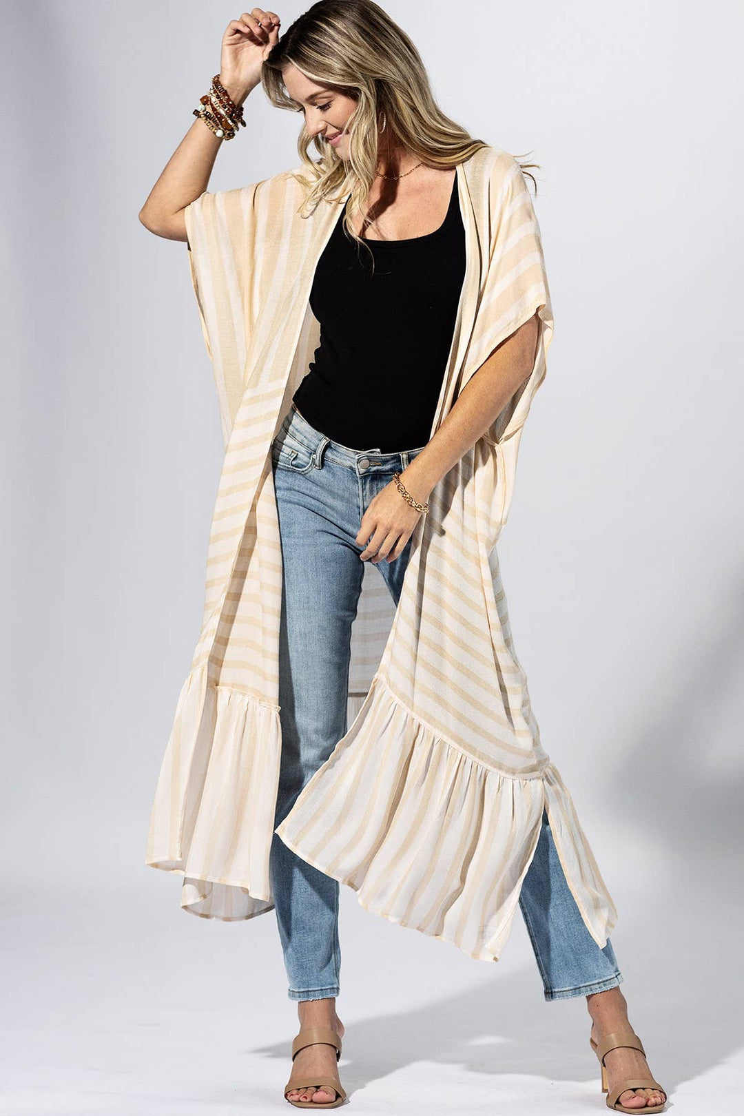 Beige Stripe Border Kimono