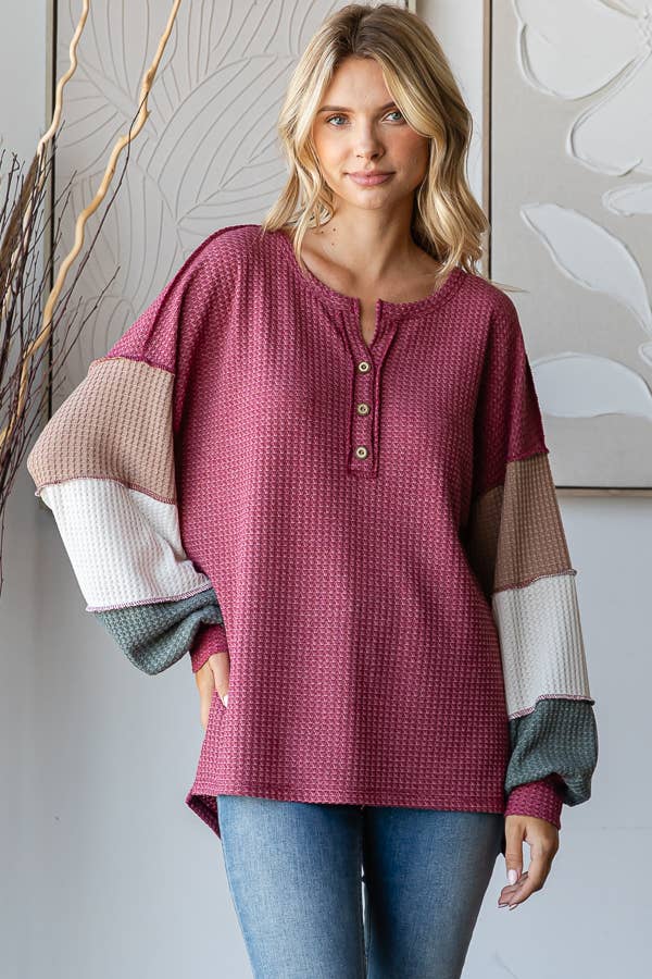 Waffle Knit Button Front Top