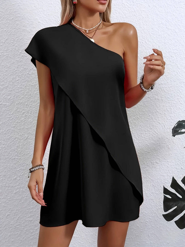 Elegant One-Shoulder Ruffle Hem Women'S Dress - Casual Chic Black Tunic Style, Solid Color, Perfect for All Seasons, Everyday Dress|Ruffle Hem Dress|Sleek Design
