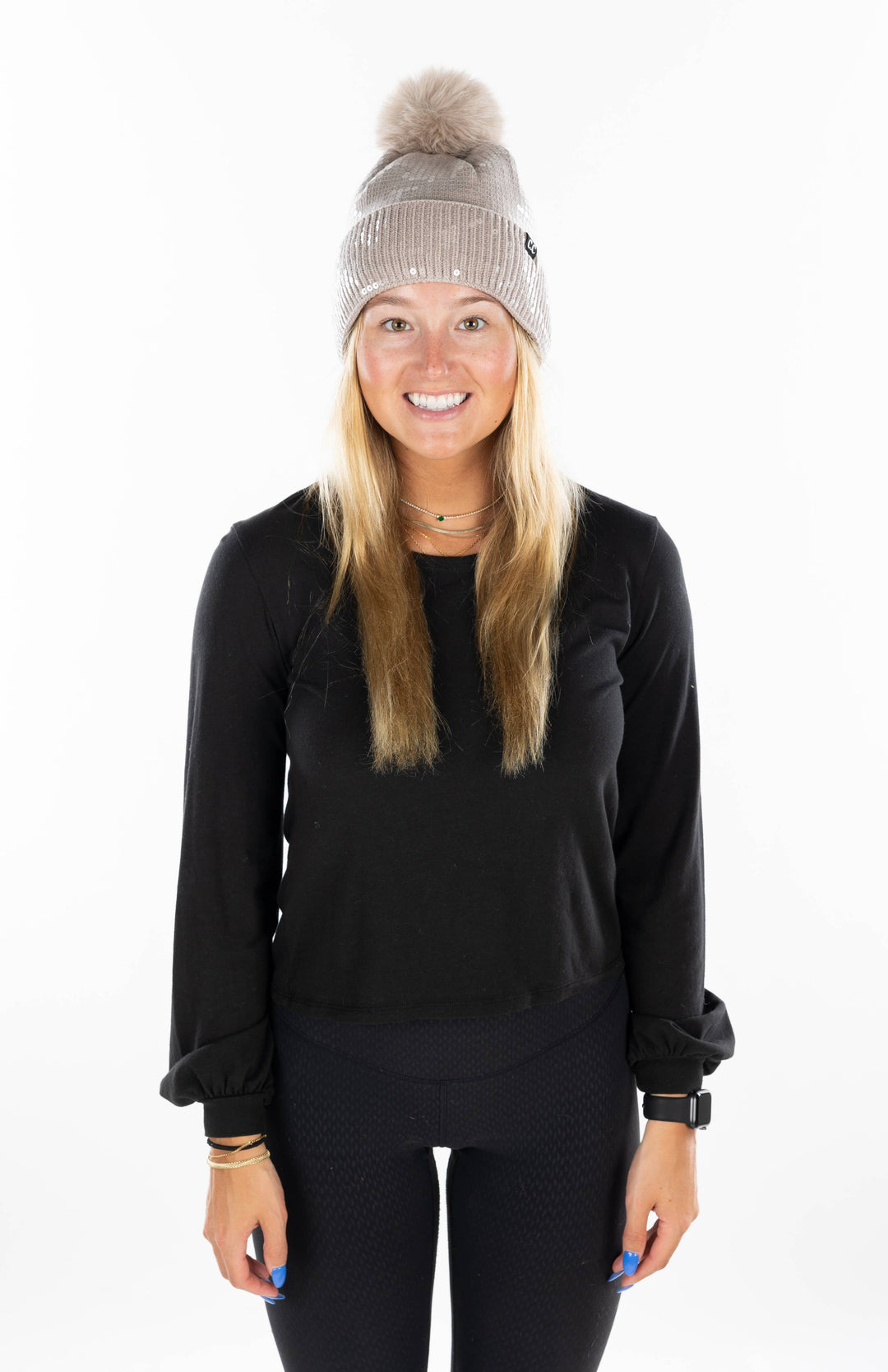 Sequin Pom Beanie -Taupe