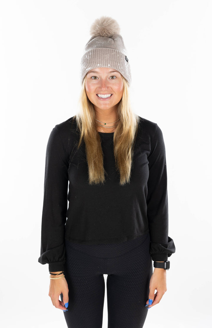 Sequin Pom Beanie -Taupe