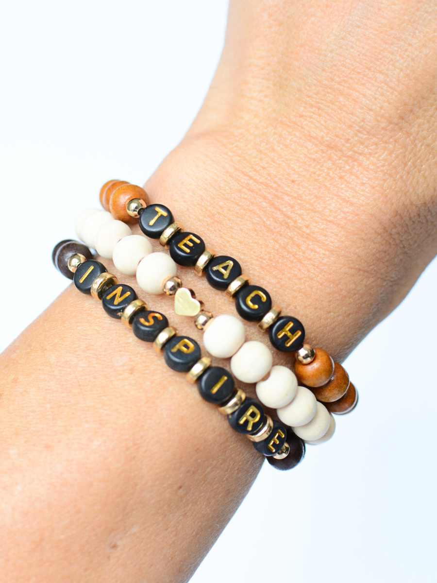 Teach Inspire WOOD bead stretch bracelet heart charm stack