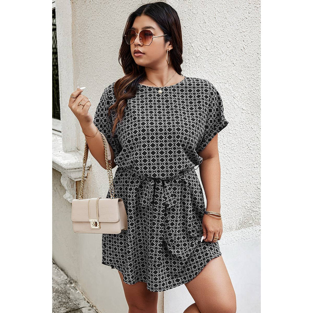 Plus Round Neck Printed Batwing Sleeve Loose Dress
