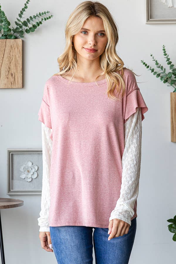 Pink ruffle shirt with lace arms