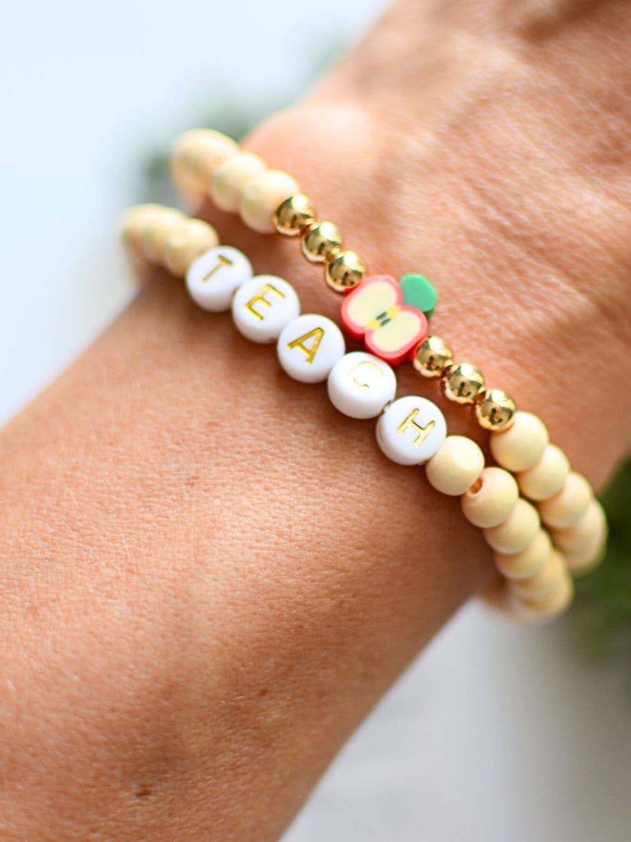 Natural Wood Bead Teacher apple charm Bracelet Stack