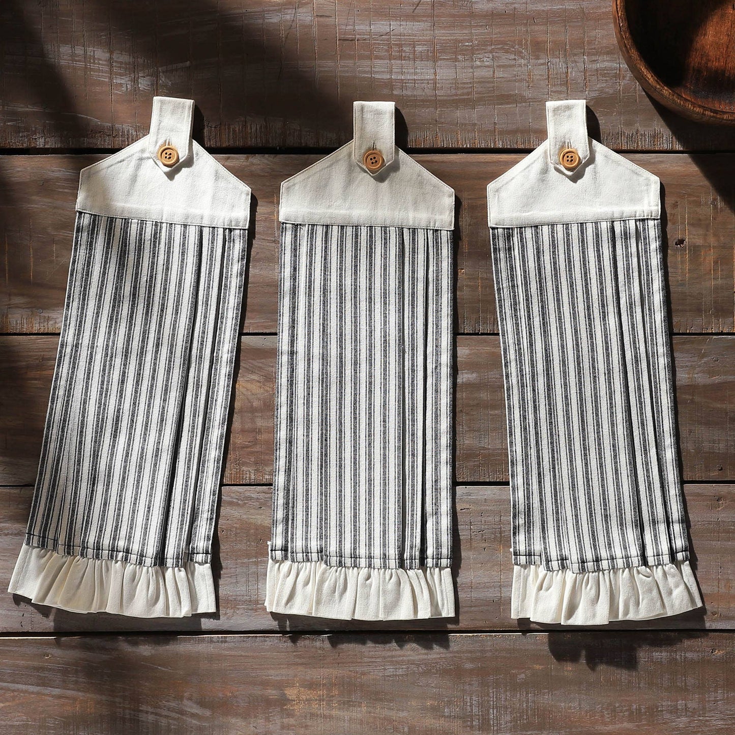 Sawyer Mill Black Ticking Stripe Button Loop Tea Towel