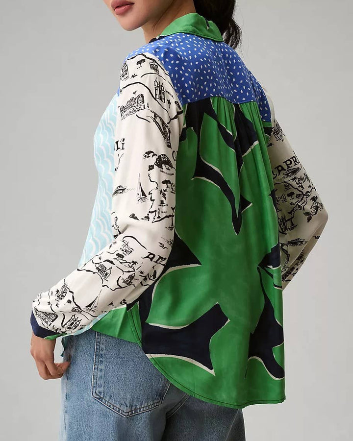 Patchwork Floral & Animal Print Button-Down Shirt