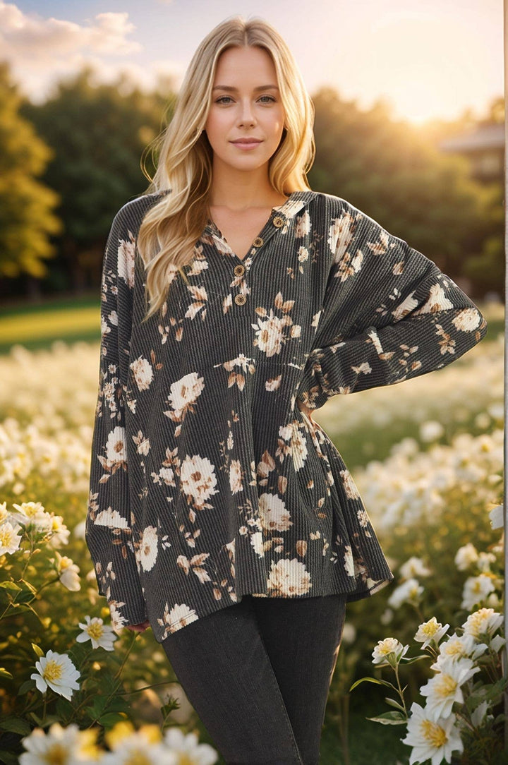 Ribbed Floral Top with hood