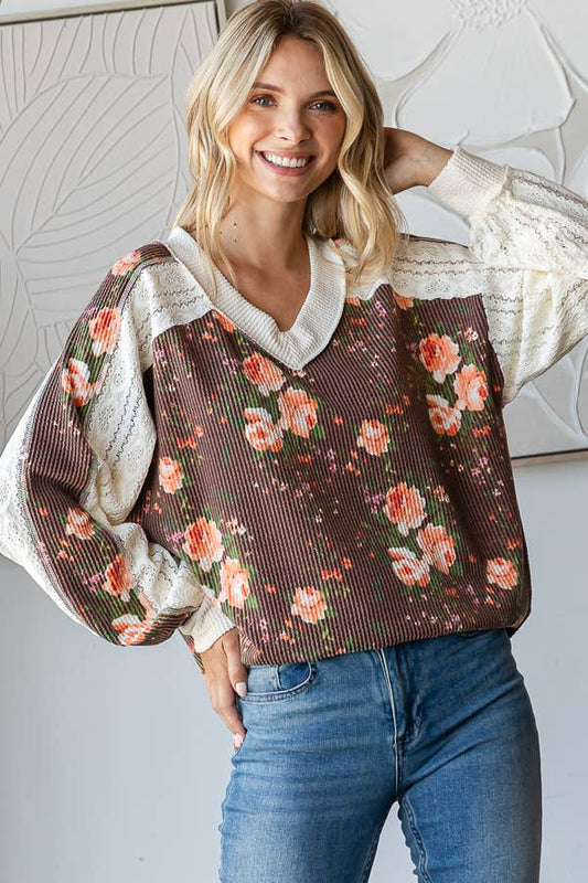 Floral V-Neck Knit Top with Lace Contrast