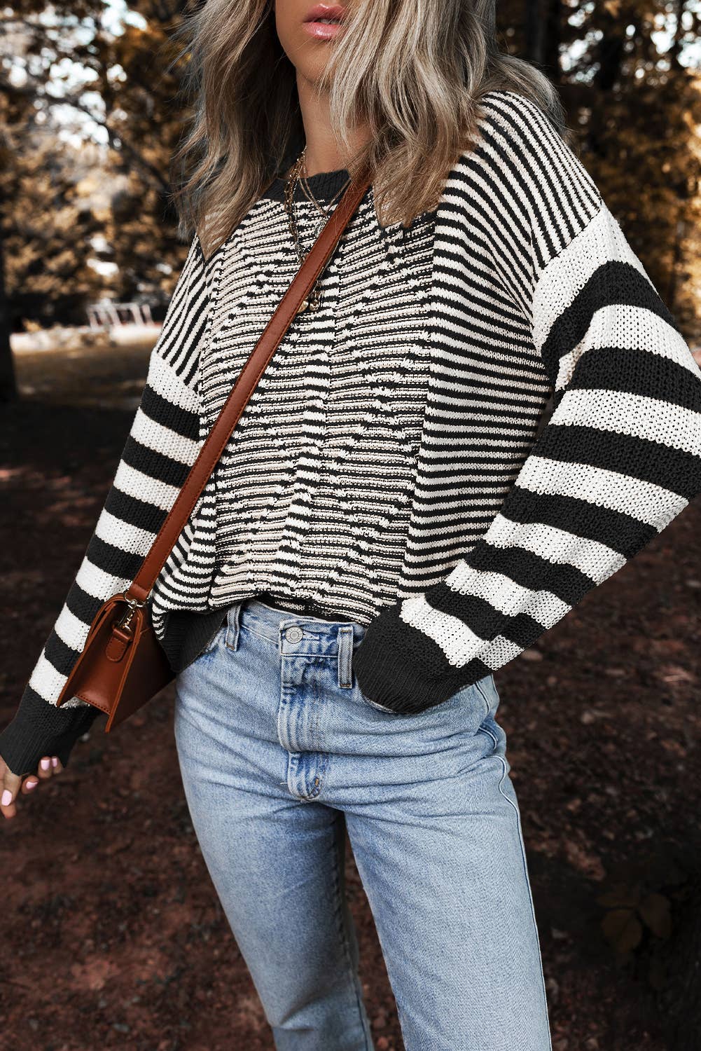 Stripe Geometric Textured Drop Shoulder Sweater