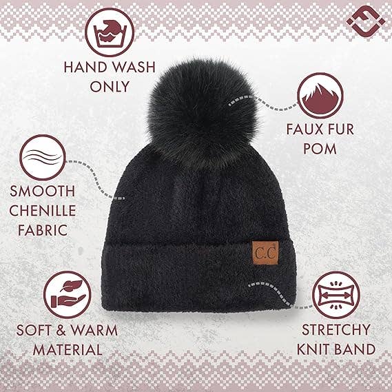 Chenille Pom Beanie - Black