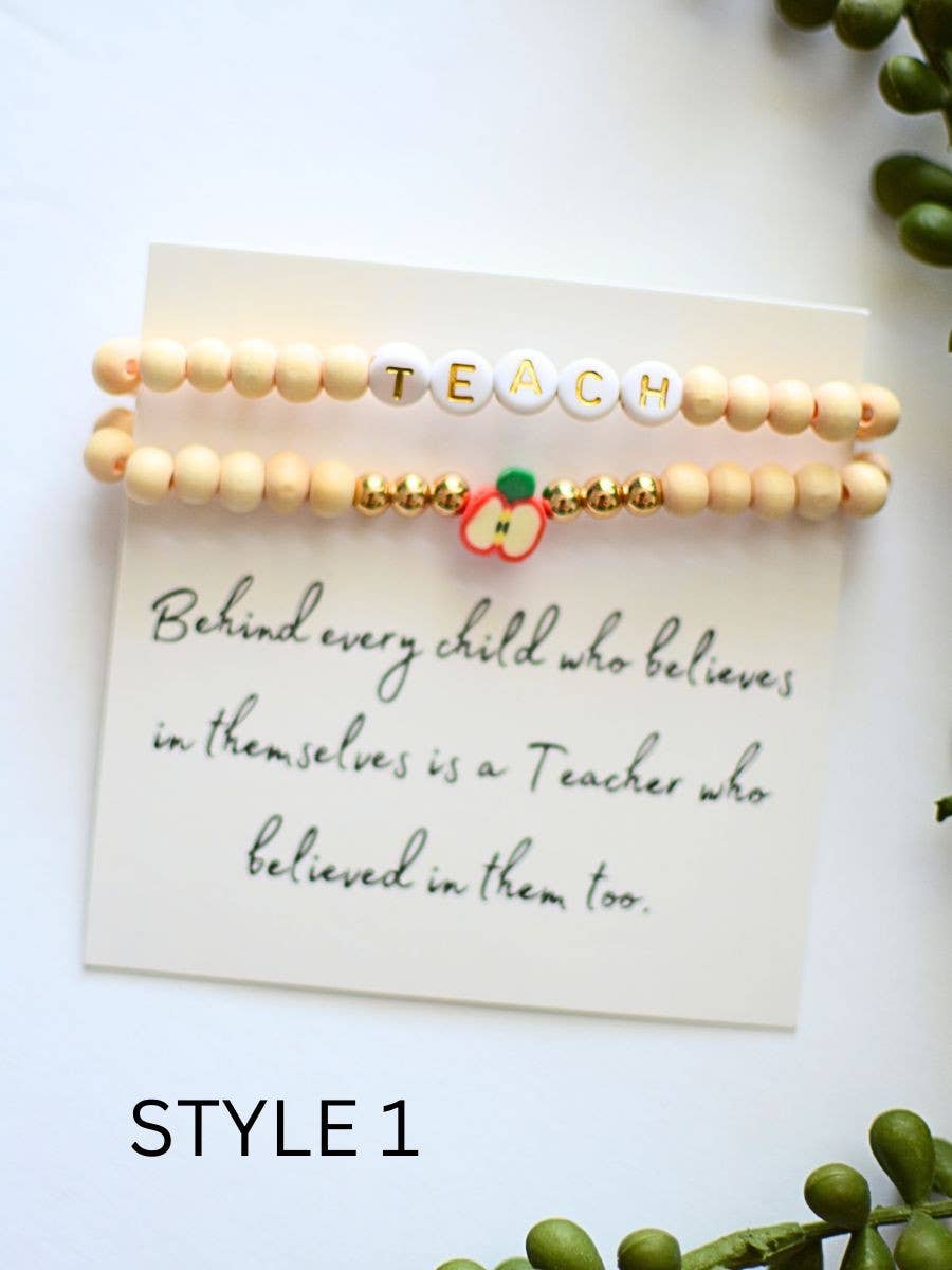 Wood Beaded Teacher stretch Bracelet stack on THANK YOU Card