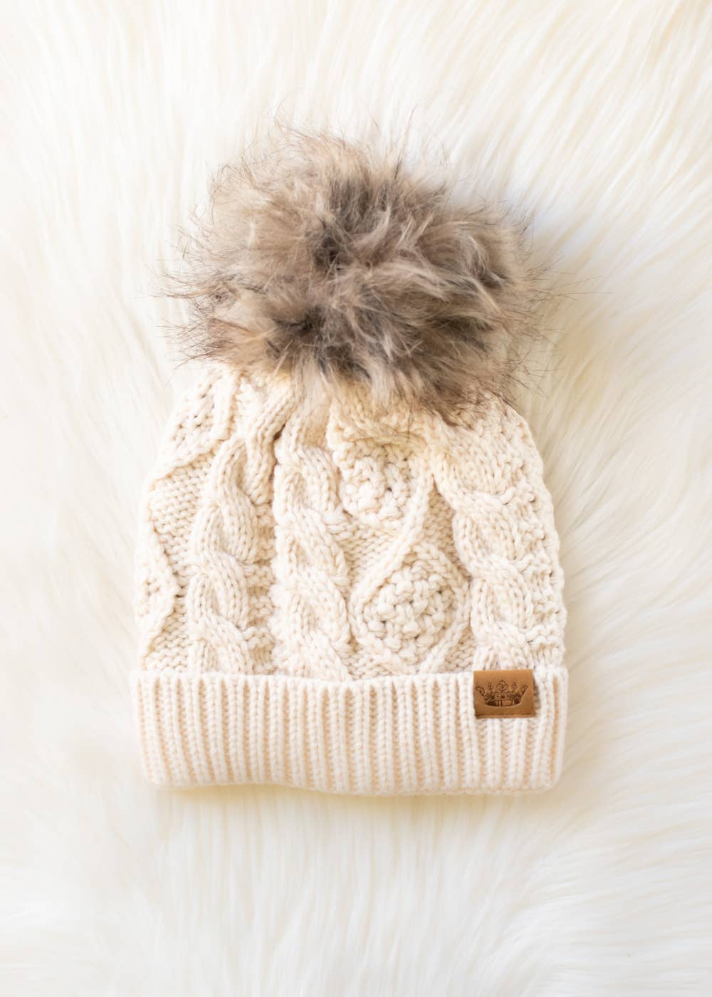 Beige Cable Knit Pom Hat