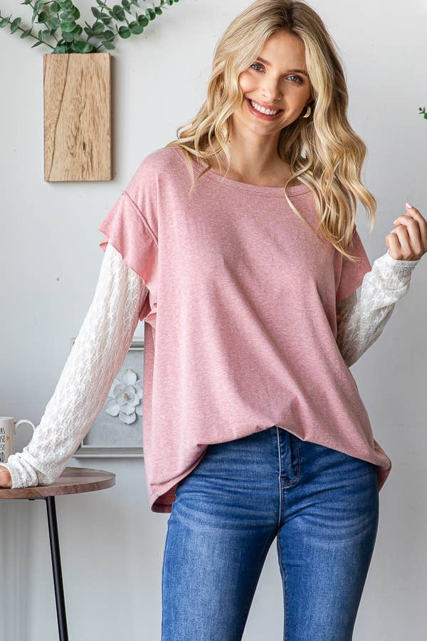 Pink ruffle shirt with lace arms