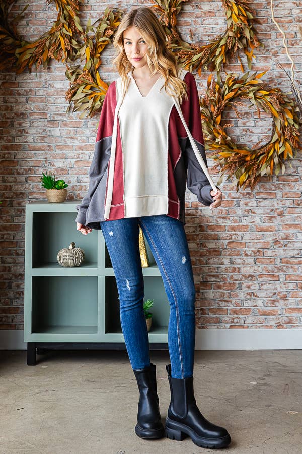 Color Block V Neck Hoodie