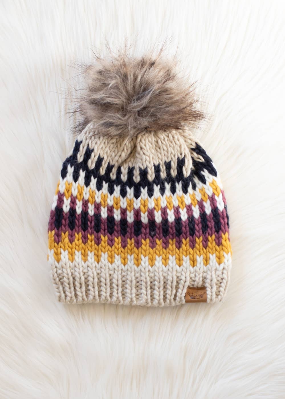 Beige, Navy & Mustard  Pom Hat