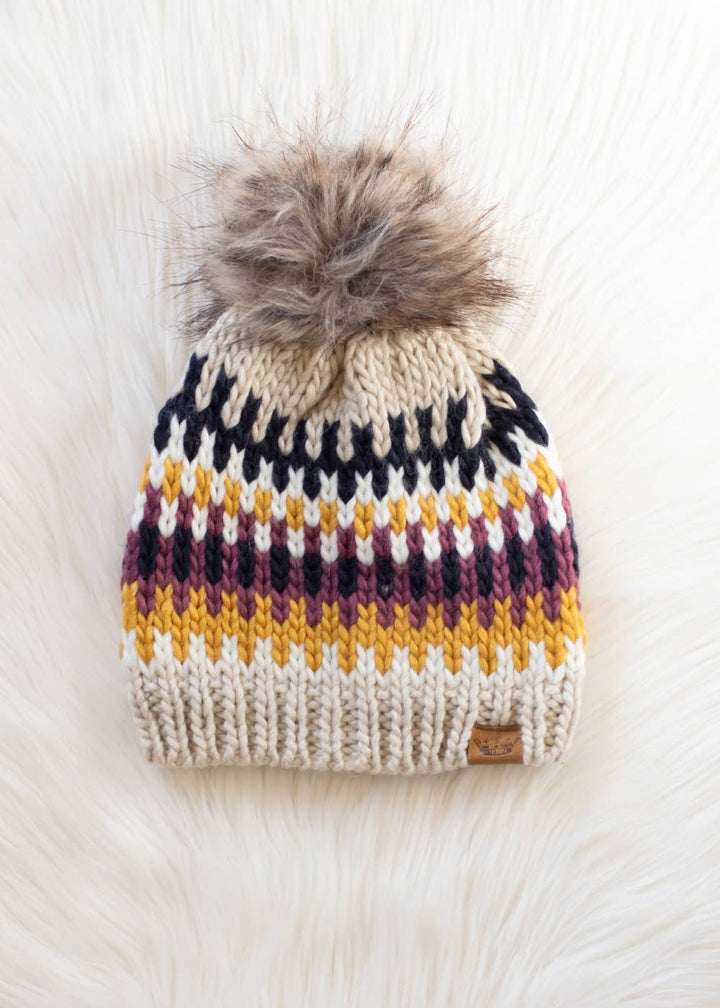 Beige, Navy & Mustard  Pom Hat