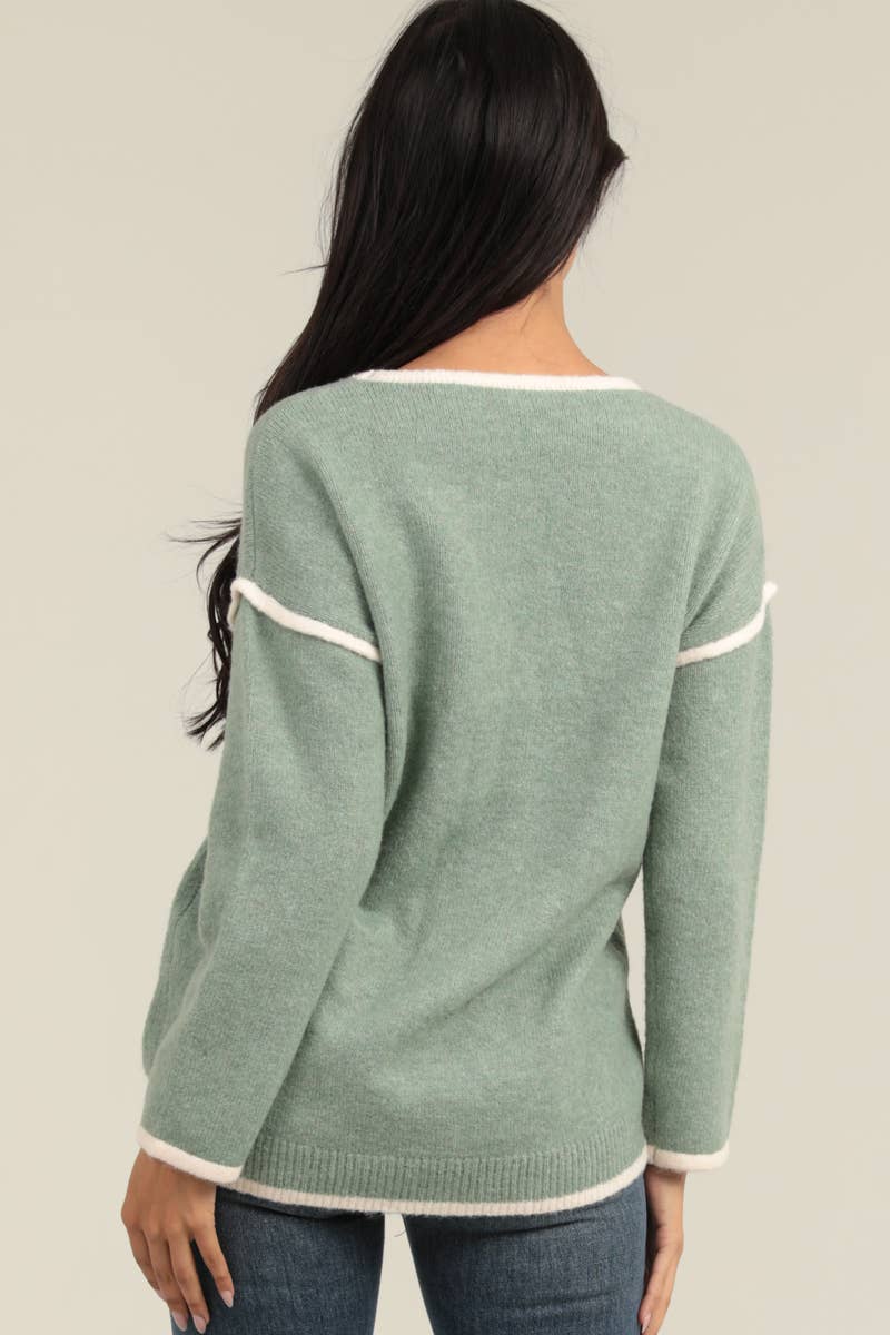 CONTRAST SEAMS HI LO PULLOVER SWEATER