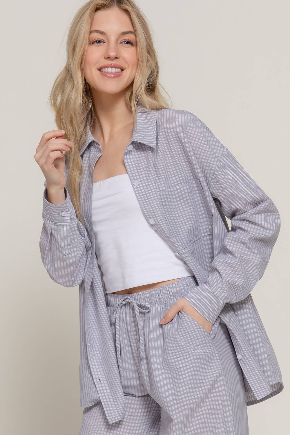 Long Sleeve Button Down Y/D Stripe Gauze Shirt