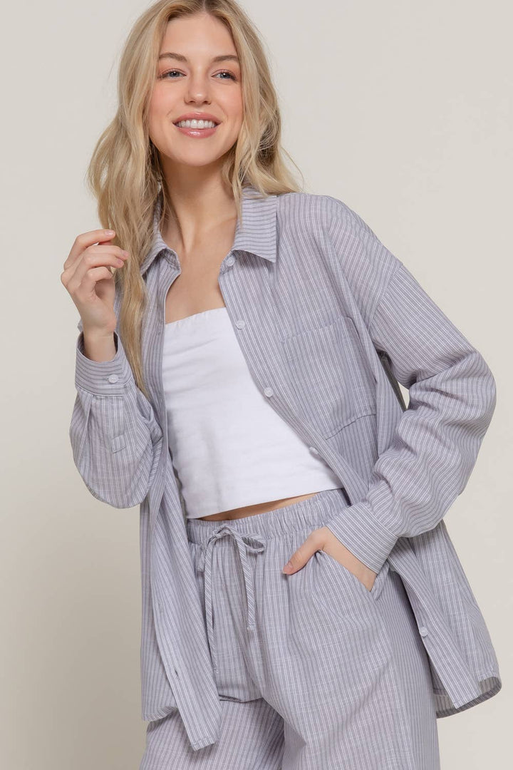 Long Sleeve Button Down Y/D Stripe Gauze Shirt