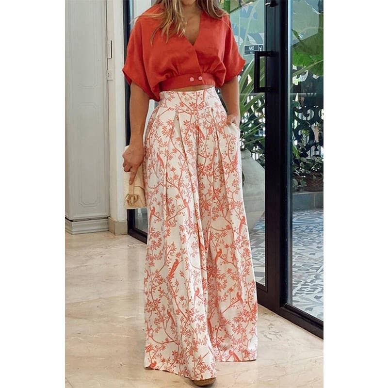 V-neck Short Shirt with Wide-Leg Pants Set