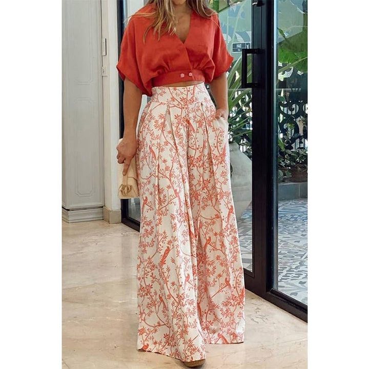 V-neck Short Shirt with Wide-Leg Pants Set